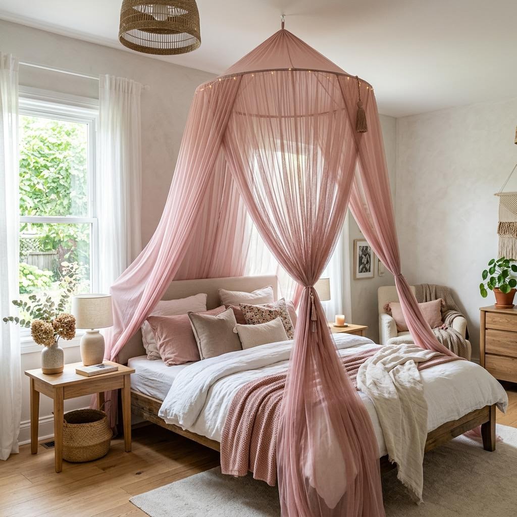 Betthimmel in Rosa